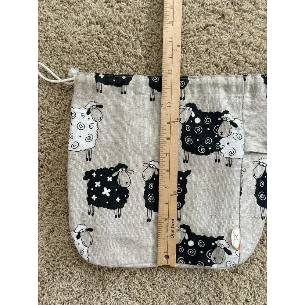 Linen Drawstring Bag Beige With Sheep Print Great For Knitting Crochet Projects